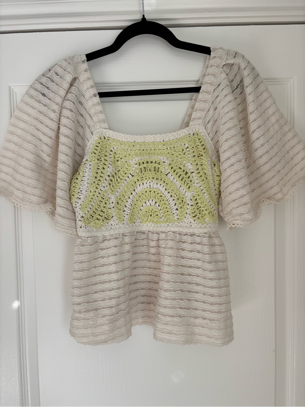 Cream Puff-Sleeve Blouse with Yellow Embroidered Yoke
